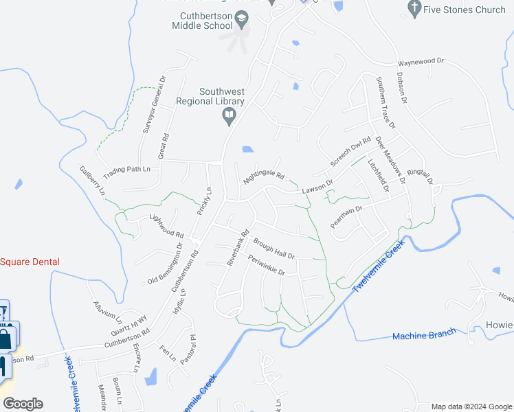 map of restaurants, bars, coffee shops, grocery stores, and more near 1909 Riverbank Road in Waxhaw