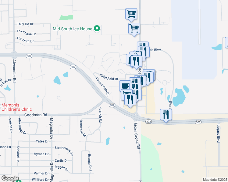 map of restaurants, bars, coffee shops, grocery stores, and more near 7174 Goodman Ridge Drive in Olive Branch