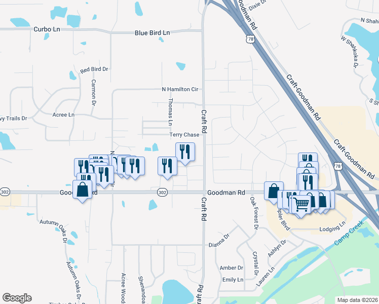 map of restaurants, bars, coffee shops, grocery stores, and more near 7197 Craft Road in Olive Branch