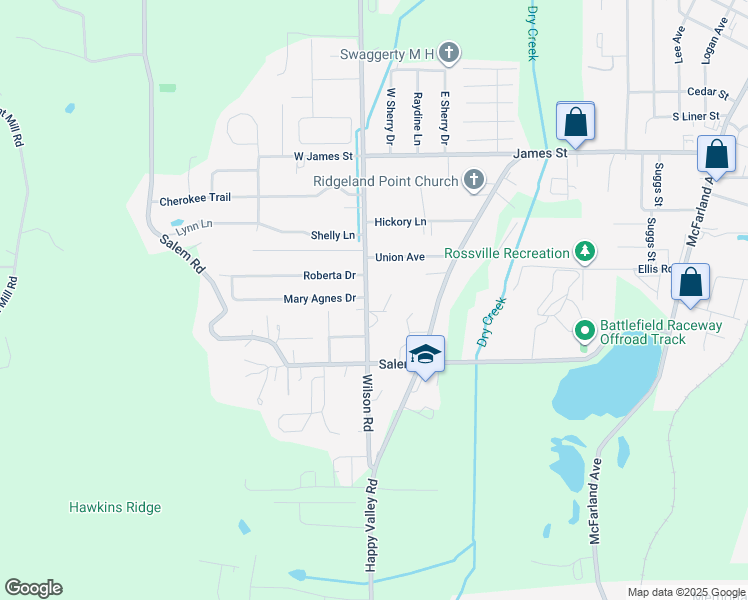 map of restaurants, bars, coffee shops, grocery stores, and more near 1512 Wilson Road in Rossville