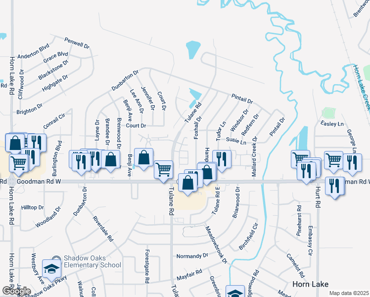 map of restaurants, bars, coffee shops, grocery stores, and more near 7037 Foxhall Drive in Horn Lake