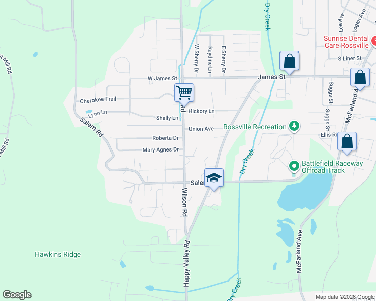 map of restaurants, bars, coffee shops, grocery stores, and more near 1512 Wilson Road in Rossville