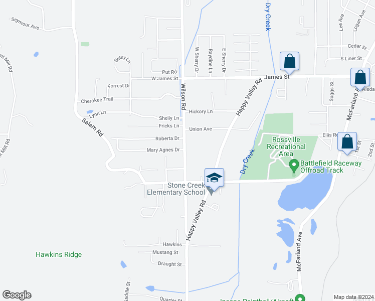 map of restaurants, bars, coffee shops, grocery stores, and more near 1512 Wilson Road in Rossville