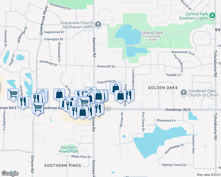 map of restaurants, bars, coffee shops, grocery stores, and more near 1104 Atterbury Circle South in Southaven