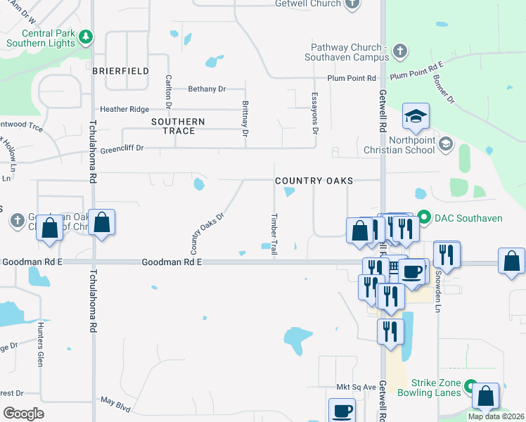 map of restaurants, bars, coffee shops, grocery stores, and more near 7175 Timber Trail in Southaven