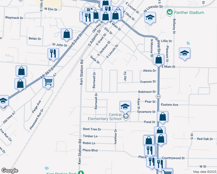 map of restaurants, bars, coffee shops, grocery stores, and more near 66 Meadowlark Drive in Cabot