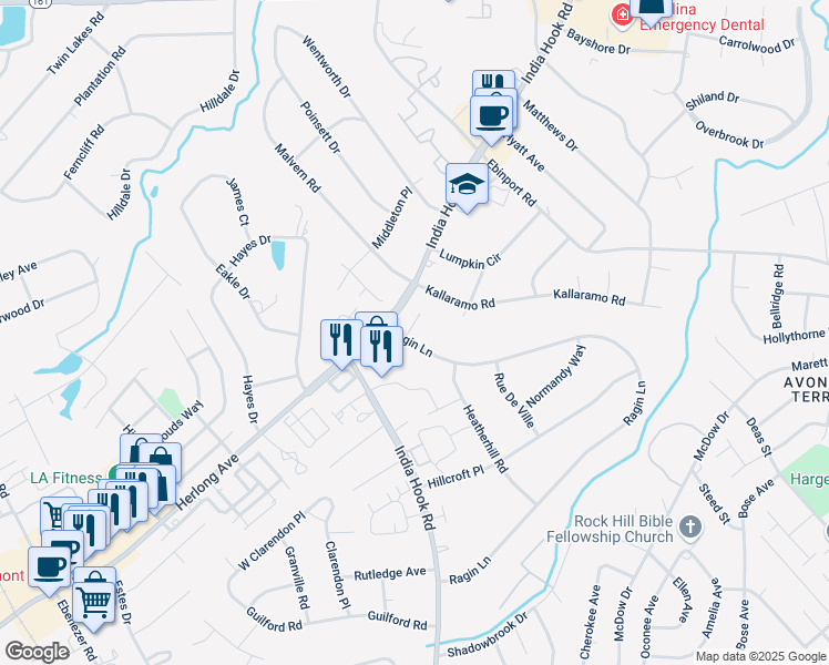 map of restaurants, bars, coffee shops, grocery stores, and more near 722 Tavern Court in Rock Hill