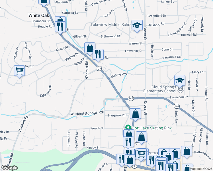 map of restaurants, bars, coffee shops, grocery stores, and more near 1594 Lafayette Road in Rossville