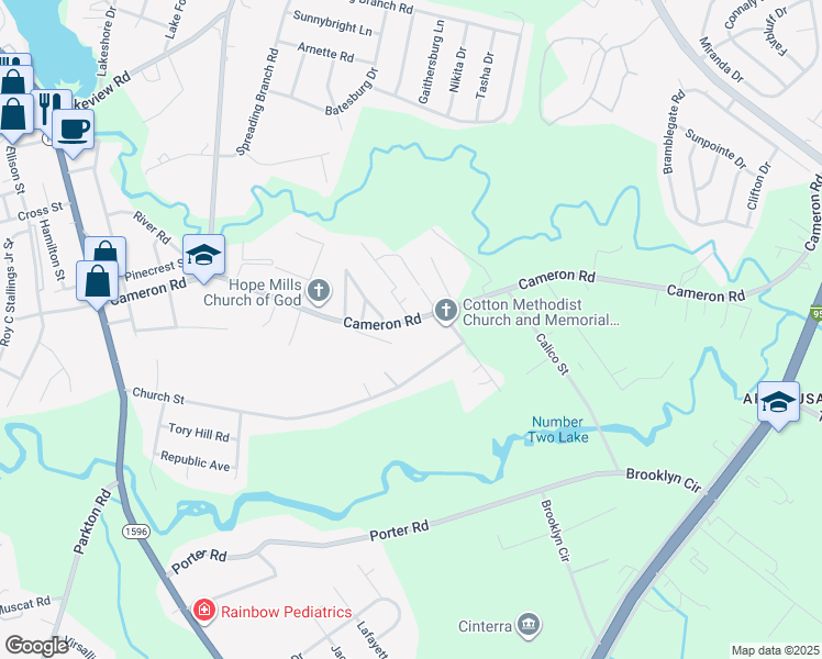 map of restaurants, bars, coffee shops, grocery stores, and more near 4747 Cameron Road in Hope Mills