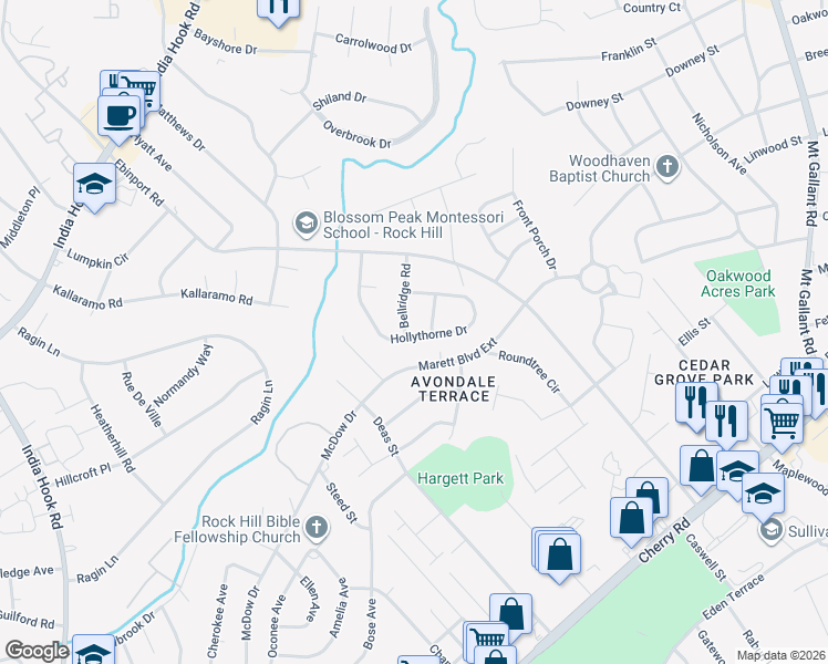 map of restaurants, bars, coffee shops, grocery stores, and more near 1504 Bellridge Road in Rock Hill