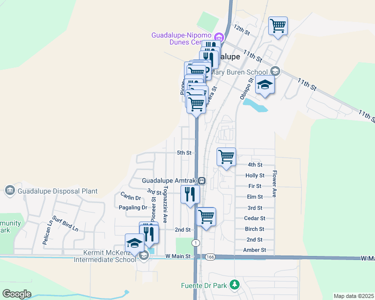 map of restaurants, bars, coffee shops, grocery stores, and more near 4627 5th Street in Guadalupe