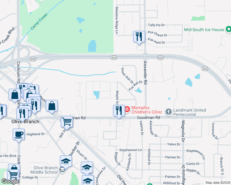 map of restaurants, bars, coffee shops, grocery stores, and more near 7207 Maple Grove Road in Olive Branch