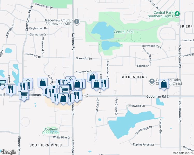 map of restaurants, bars, coffee shops, grocery stores, and more near 7194 Atterbury Circle East in Southaven