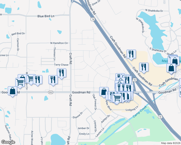 map of restaurants, bars, coffee shops, grocery stores, and more near 7188 Larkfield Cove in Olive Branch