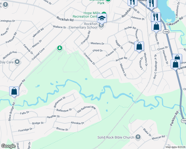 map of restaurants, bars, coffee shops, grocery stores, and more near 5108 Archer Road in Hope Mills