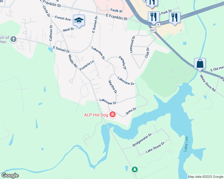 map of restaurants, bars, coffee shops, grocery stores, and more near 1110 Martha Drive in Monroe