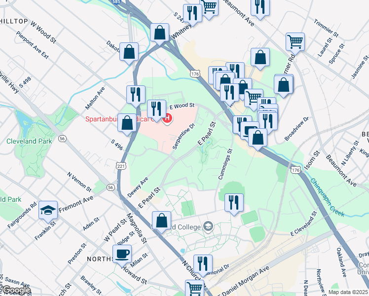 map of restaurants, bars, coffee shops, grocery stores, and more near 305 Serpentine Drive in Spartanburg