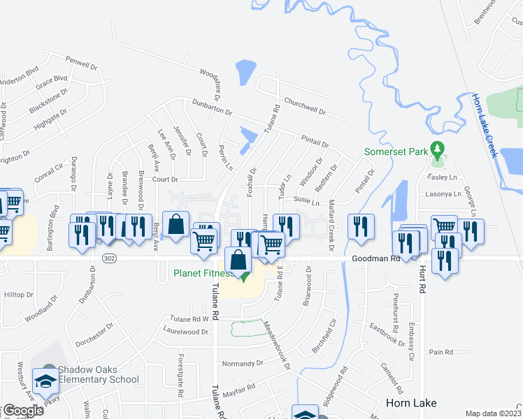 map of restaurants, bars, coffee shops, grocery stores, and more near 7051 Hampton Drive in Horn Lake