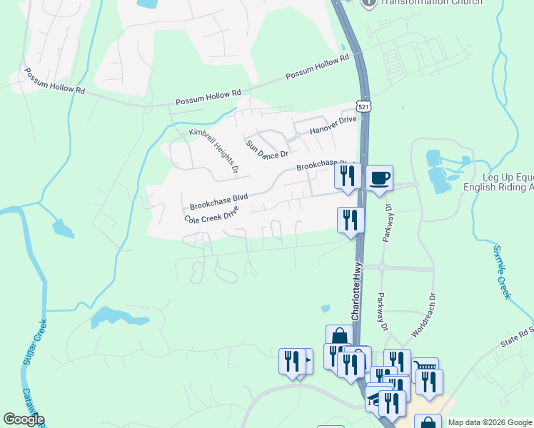map of restaurants, bars, coffee shops, grocery stores, and more near 1907 Sandal Brook Road in Fort Mill