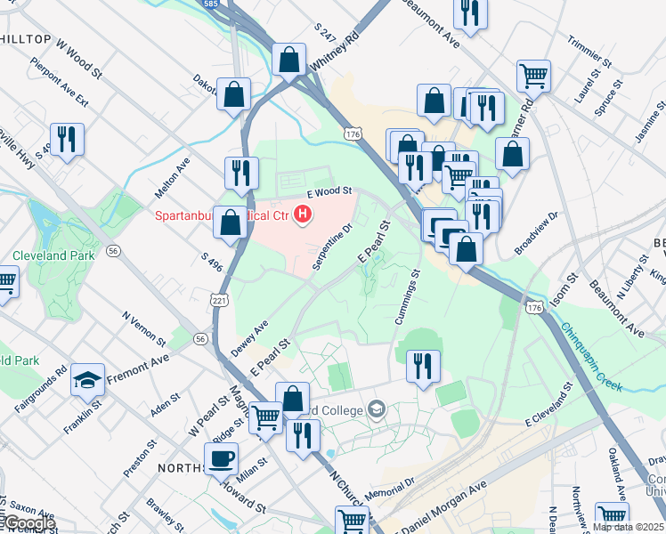 map of restaurants, bars, coffee shops, grocery stores, and more near 305 Serpentine Drive in Spartanburg