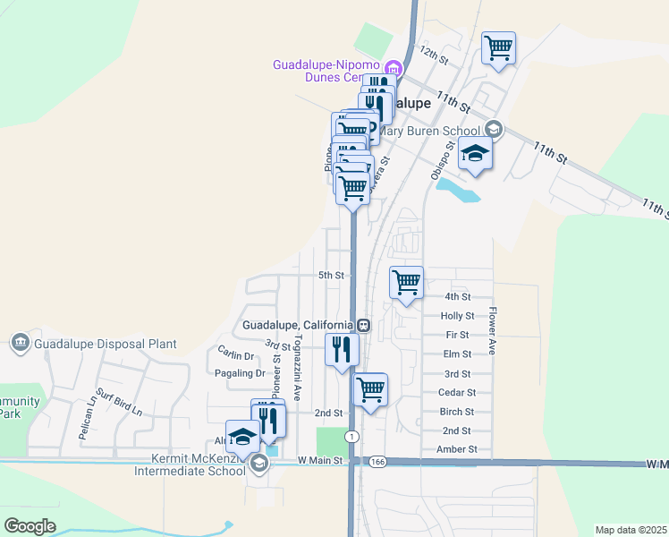 map of restaurants, bars, coffee shops, grocery stores, and more near 4627 5th Street in Guadalupe