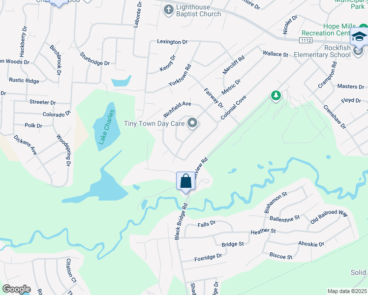 map of restaurants, bars, coffee shops, grocery stores, and more near 5979 Spinner Road in Hope Mills