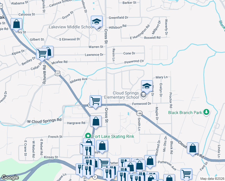 map of restaurants, bars, coffee shops, grocery stores, and more near 107 Edgewood Circle in Fort Oglethorpe