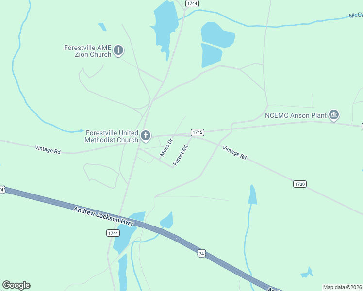 map of restaurants, bars, coffee shops, grocery stores, and more near 303 Forest Road in Lilesville