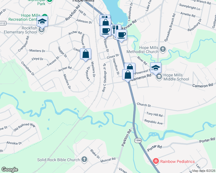 map of restaurants, bars, coffee shops, grocery stores, and more near 5605 Edwin Deaver Drive in Hope Mills