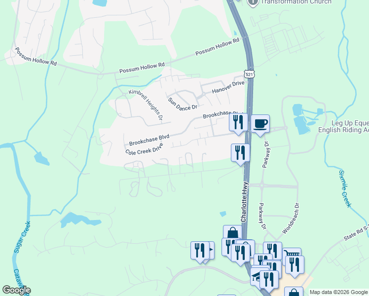 map of restaurants, bars, coffee shops, grocery stores, and more near 1907 Sandal Brook Road in Fort Mill