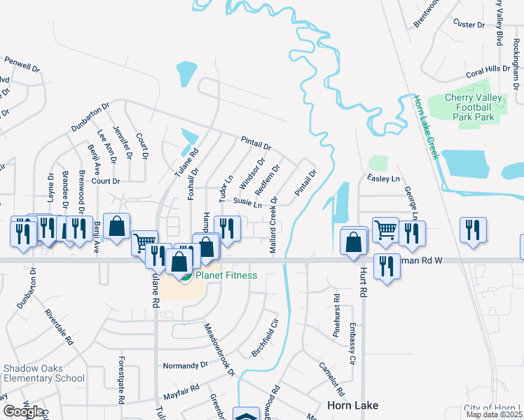 map of restaurants, bars, coffee shops, grocery stores, and more near 2616 Susie Lane in Horn Lake
