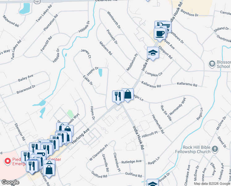 map of restaurants, bars, coffee shops, grocery stores, and more near 1981 Hamptonwood Road in Rock Hill