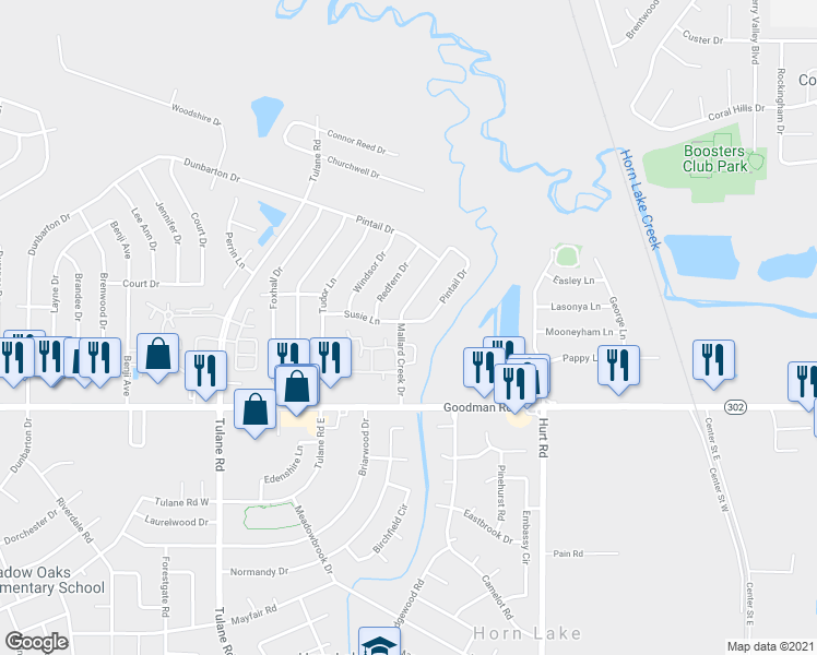 map of restaurants, bars, coffee shops, grocery stores, and more near 2604 Susie Lane in Horn Lake