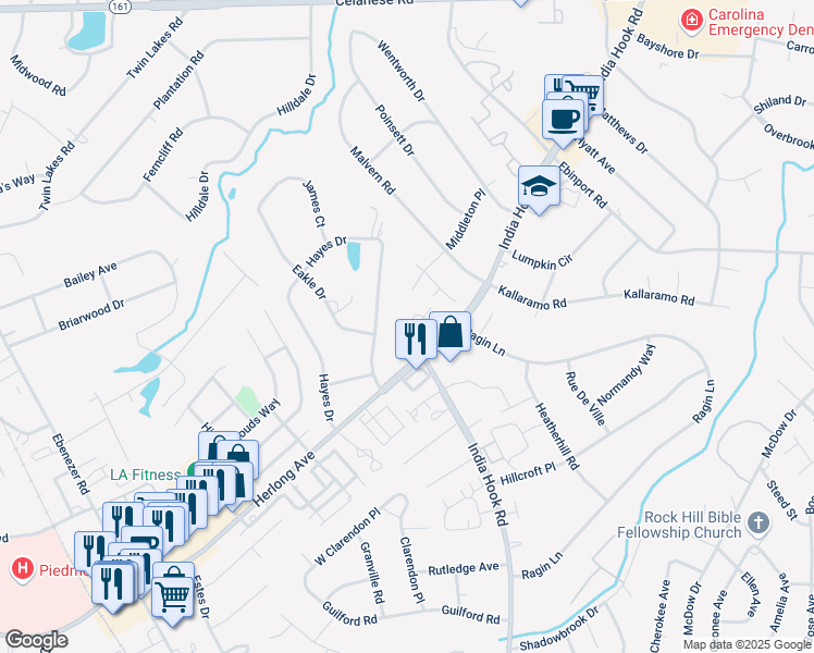 map of restaurants, bars, coffee shops, grocery stores, and more near 1981 Hamptonwood Road in Rock Hill