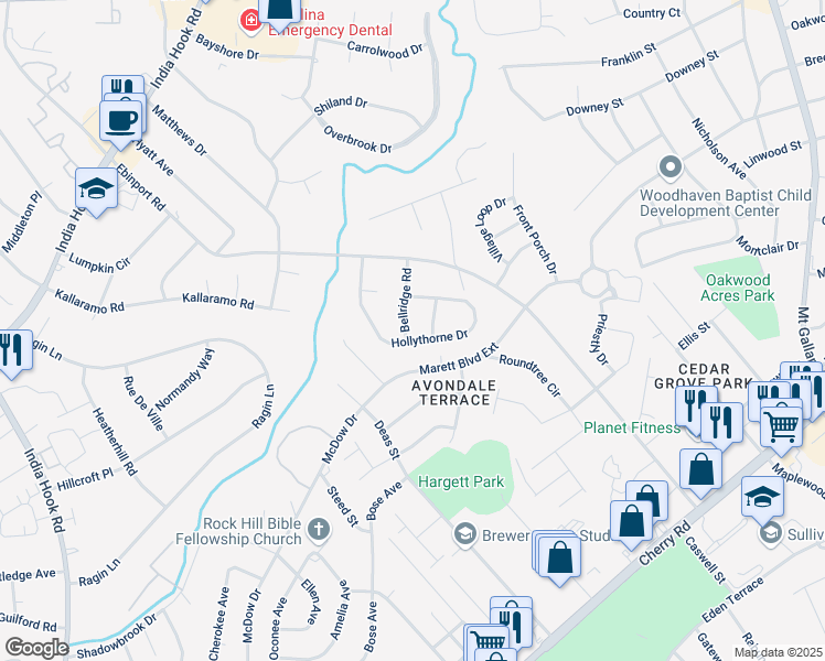 map of restaurants, bars, coffee shops, grocery stores, and more near 1510 Bellridge Road in Rock Hill