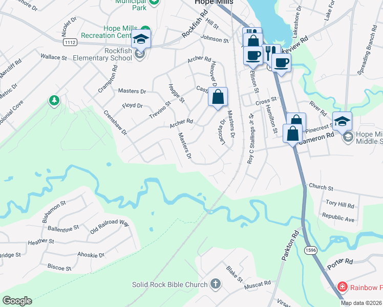 map of restaurants, bars, coffee shops, grocery stores, and more near 3422 Masters Drive in Hope Mills