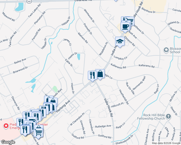 map of restaurants, bars, coffee shops, grocery stores, and more near 1981 Hamptonwood Road in Rock Hill