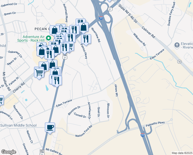 map of restaurants, bars, coffee shops, grocery stores, and more near 719 Patriot Parkway in Rock Hill