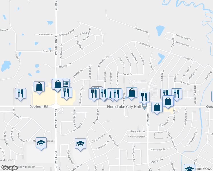 map of restaurants, bars, coffee shops, grocery stores, and more near 7102 Layne Drive in Horn Lake