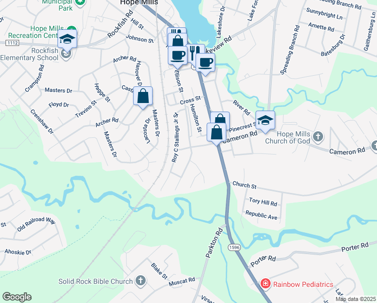 map of restaurants, bars, coffee shops, grocery stores, and more near 5605 Edwin Deaver Drive in Hope Mills