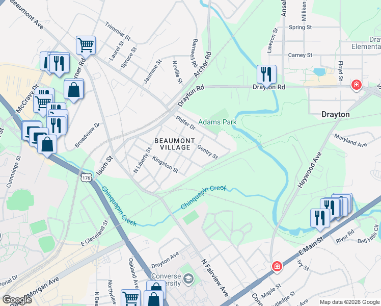 map of restaurants, bars, coffee shops, grocery stores, and more near 405 Sloan Street in Spartanburg
