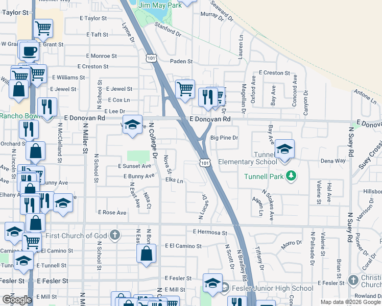 map of restaurants, bars, coffee shops, grocery stores, and more near 1334 Charlotte Drive in Santa Maria