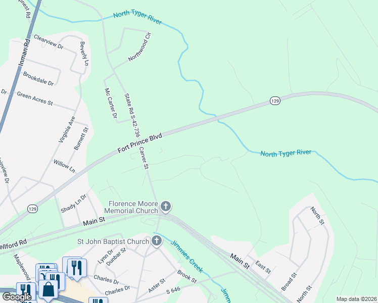map of restaurants, bars, coffee shops, grocery stores, and more near 910 Fort Prince Boulevard in Wellford