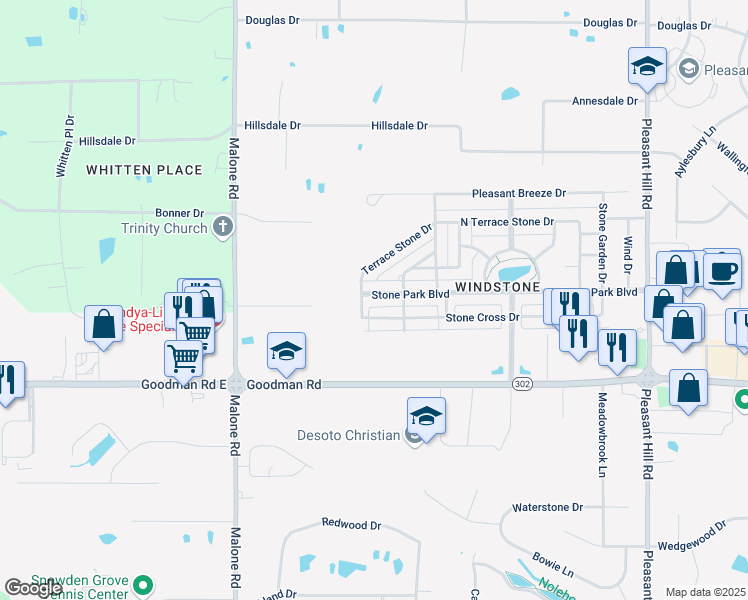 map of restaurants, bars, coffee shops, grocery stores, and more near 4455 Stone Park Boulevard in Olive Branch