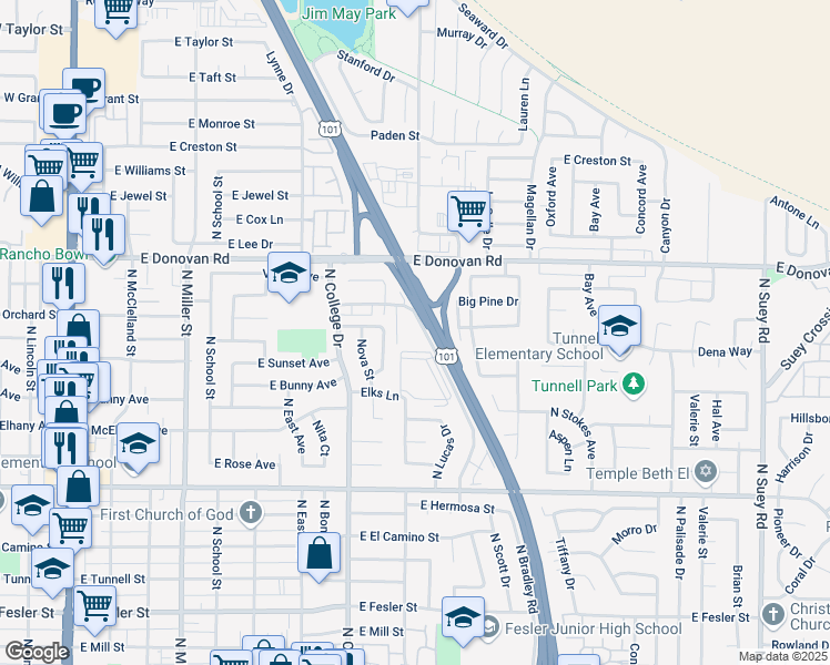 map of restaurants, bars, coffee shops, grocery stores, and more near 1339 North Bradley Road in Santa Maria