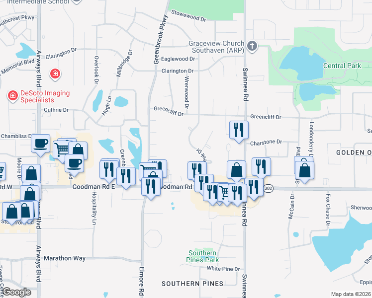 map of restaurants, bars, coffee shops, grocery stores, and more near 720 Dogwood Trail Cove in Southaven