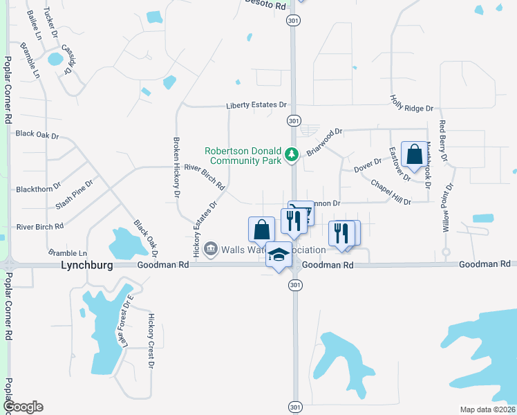 map of restaurants, bars, coffee shops, grocery stores, and more near 6205 River Birch Road in Walls