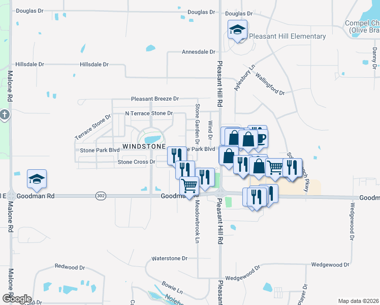 map of restaurants, bars, coffee shops, grocery stores, and more near 4879 Stone Park Boulevard in Olive Branch