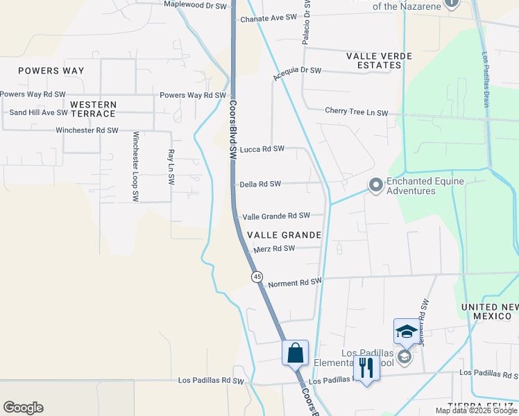 map of restaurants, bars, coffee shops, grocery stores, and more near 2801 Valle Grande Road Southwest in Albuquerque
