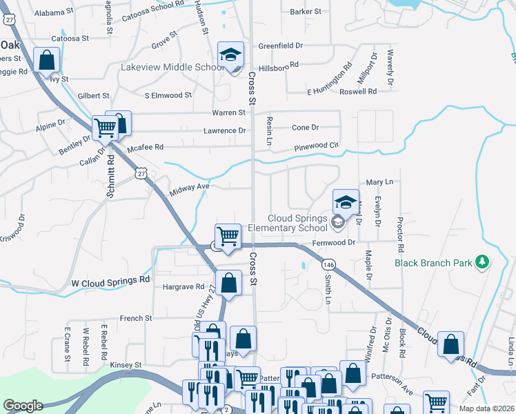 map of restaurants, bars, coffee shops, grocery stores, and more near 107 Edgewood Circle in Fort Oglethorpe
